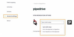 Synchronization options for the Woodpecker Pipedrive integration