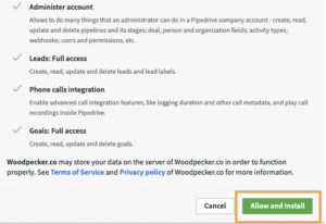 Allow and Install button for Woodpecker Pipedrive integration