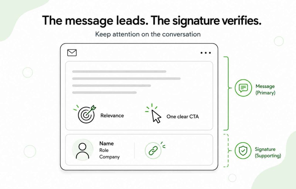 Sales email structure showing the message leading with relevance and one CTA while the signature provides supporting identity details.