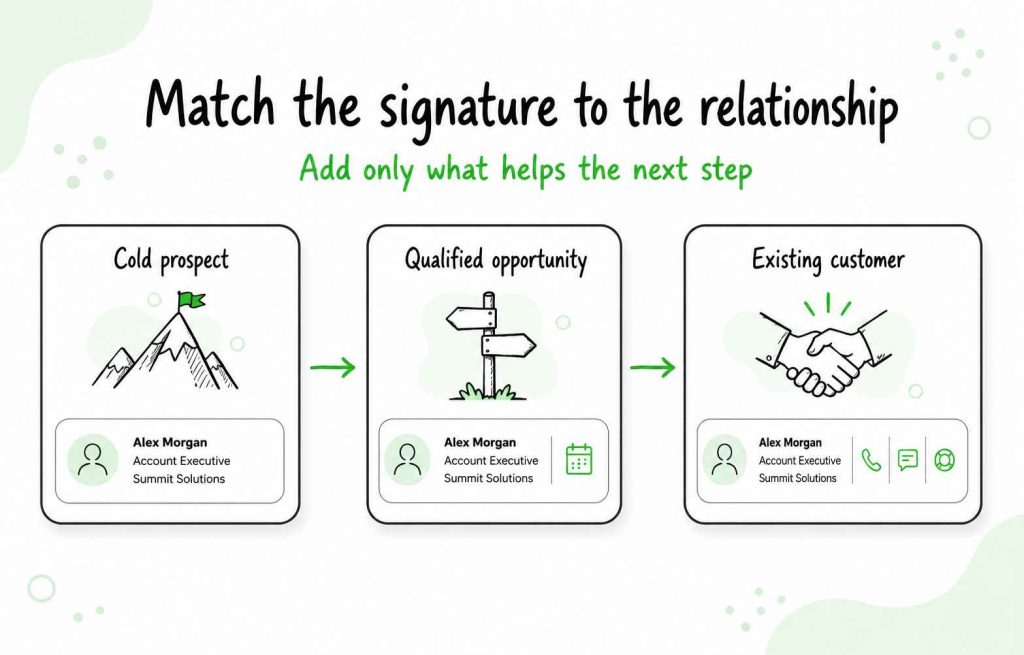 Sales email structure showing the message leading with relevance and one CTA while the signature provides supporting identity details.