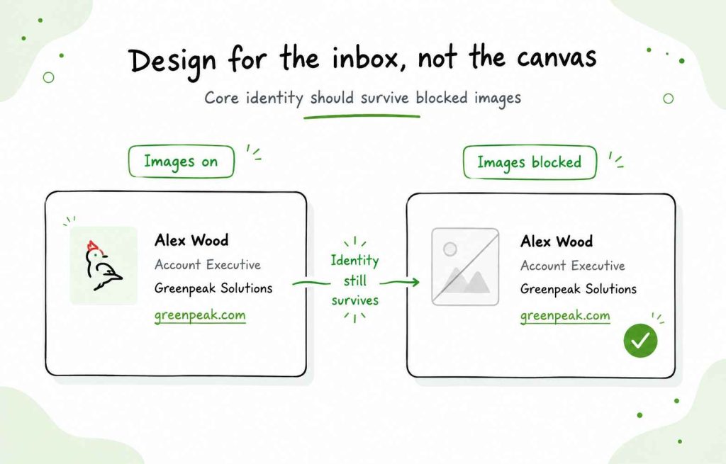 Text-first email signature remaining readable and identifiable when external images are blocked.