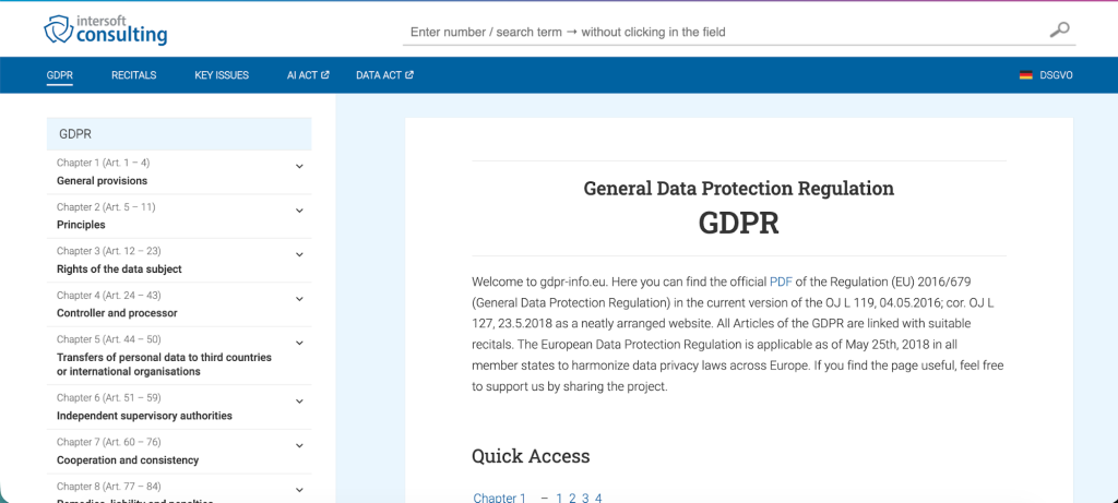 GDPR information website homepage showing chapters, articles, and quick access to the General Data Protection Regulation.