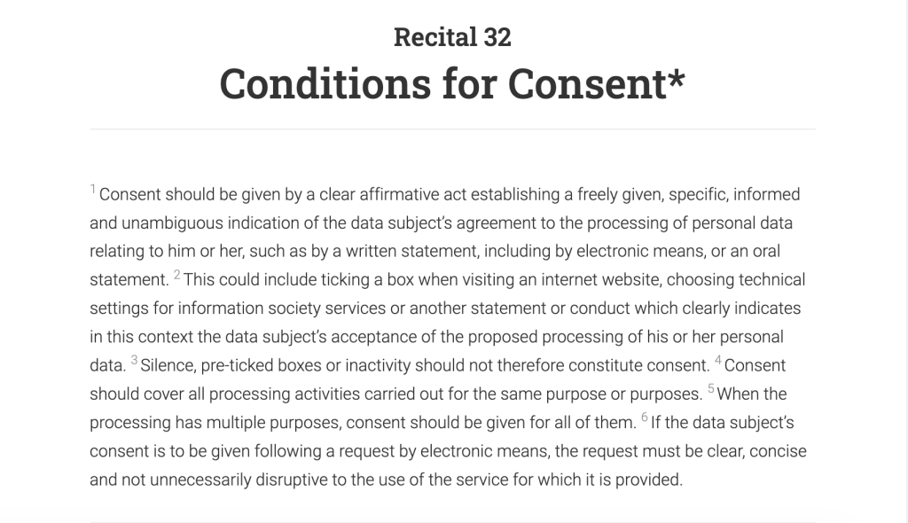 GDPR Recital 32 explaining conditions for consent and stating that silence or pre-ticked boxes do not count as valid consent.