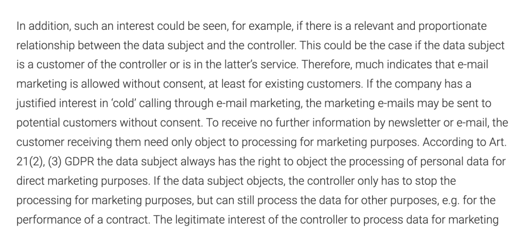 GDPR text explaining when email marketing may be allowed without consent based on legitimate interest and the right to object.