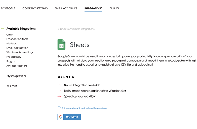 connecting google sheets to woodpecker