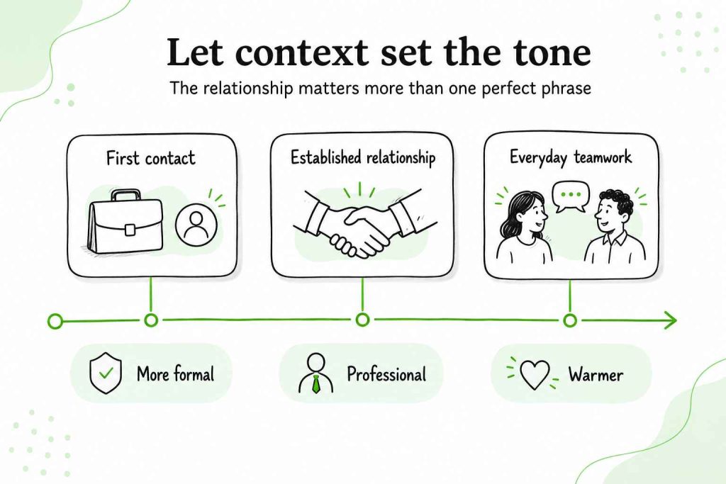 Email sign-off tone progressing from more formal first contact to professional relationships and warmer everyday teamwork.