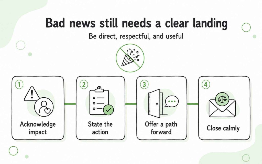 Four-step approach to ending a negative email by acknowledging the impact, stating the action, offering a path forward, and closing calmly.