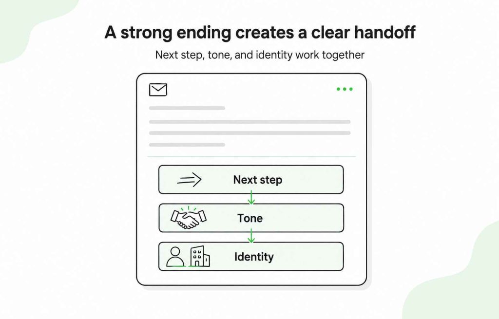 Professional email ending showing how the next step, tone, and sender identity work together.
