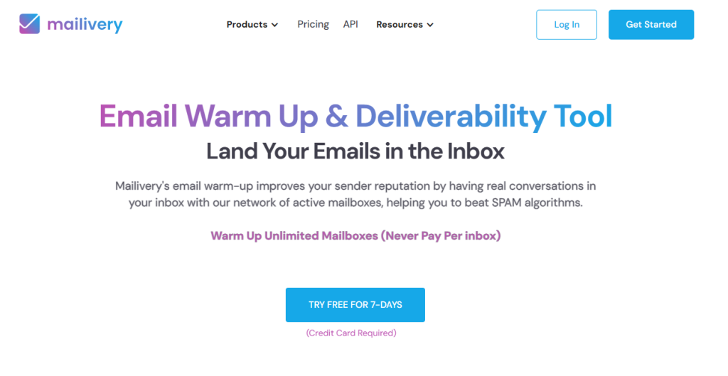Mailivery homepage showing email warm-up and deliverability features for inbox placement.
