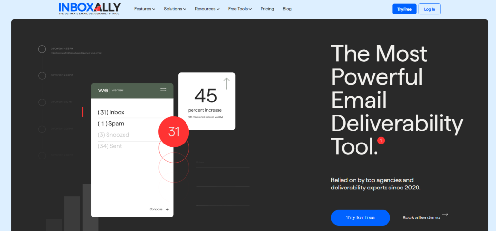 InboxAlly homepage showing email deliverability tools for inbox placement and spam avoidance.