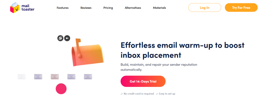 Mailtoaster homepage showing email warm-up software for sender reputation and inbox placement.