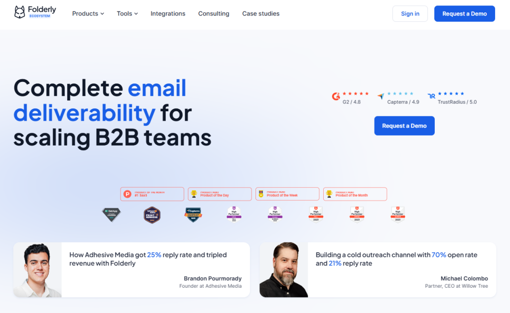 Folderly homepage showing email deliverability software for scaling B2B teams.