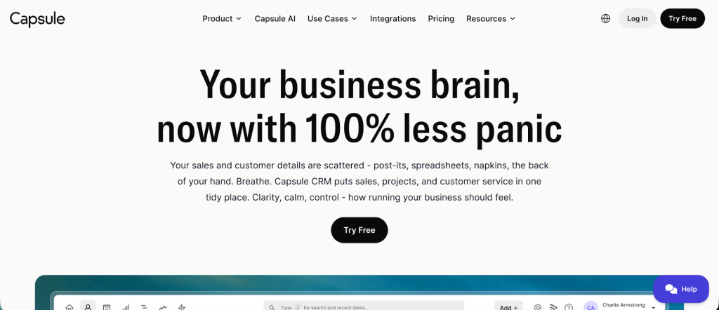 Capsule CRM's main page.