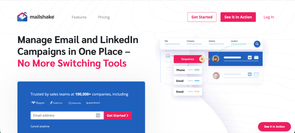 Mailshake's main page.