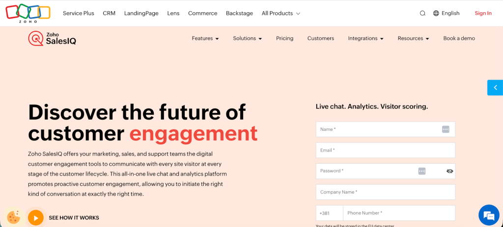 Zoho SalesIQ's main page.