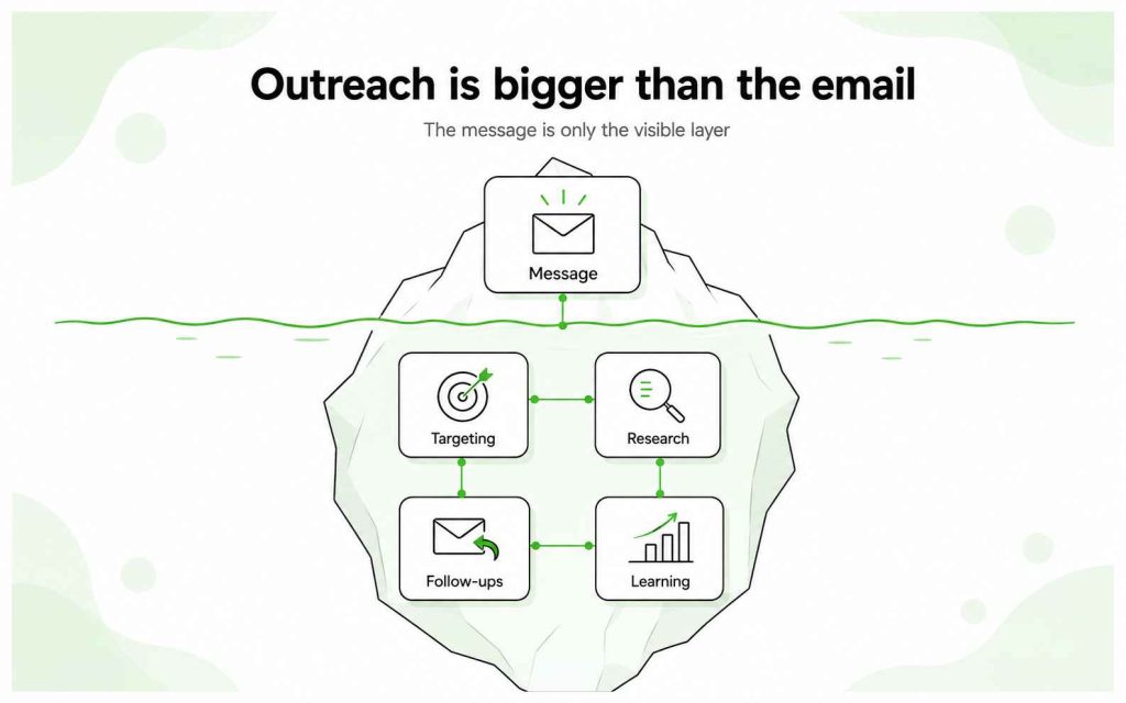 Iceberg illustrating an outreach email as the visible layer supported by targeting, research, follow-ups, and campaign learning
