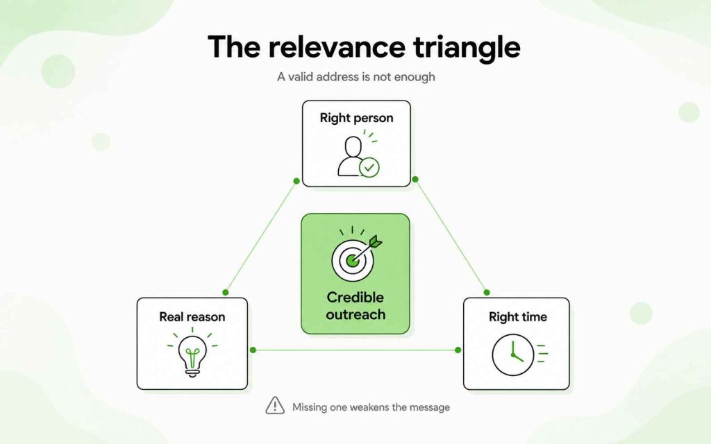 Email outreach relevance triangle combining the right person, a credible reason, and appropriate timing.