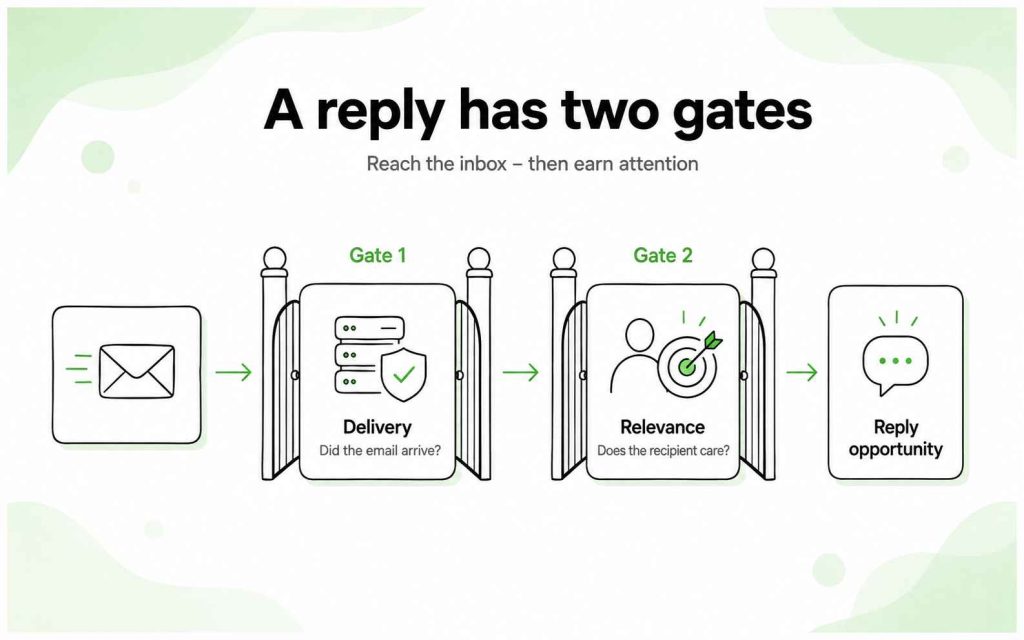 Outreach email passing through delivery and recipient-relevance gates before creating an opportunity for a reply.
