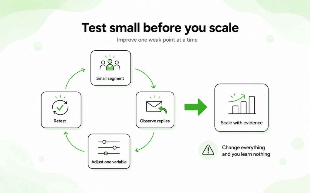 Controlled outreach testing cycle using a small segment, observed replies, one adjusted variable, and retesting before scaling.