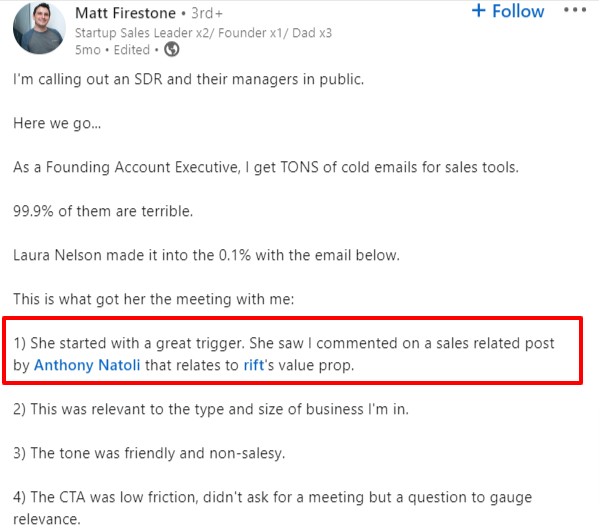 Matt Firestone's LinkedIn post