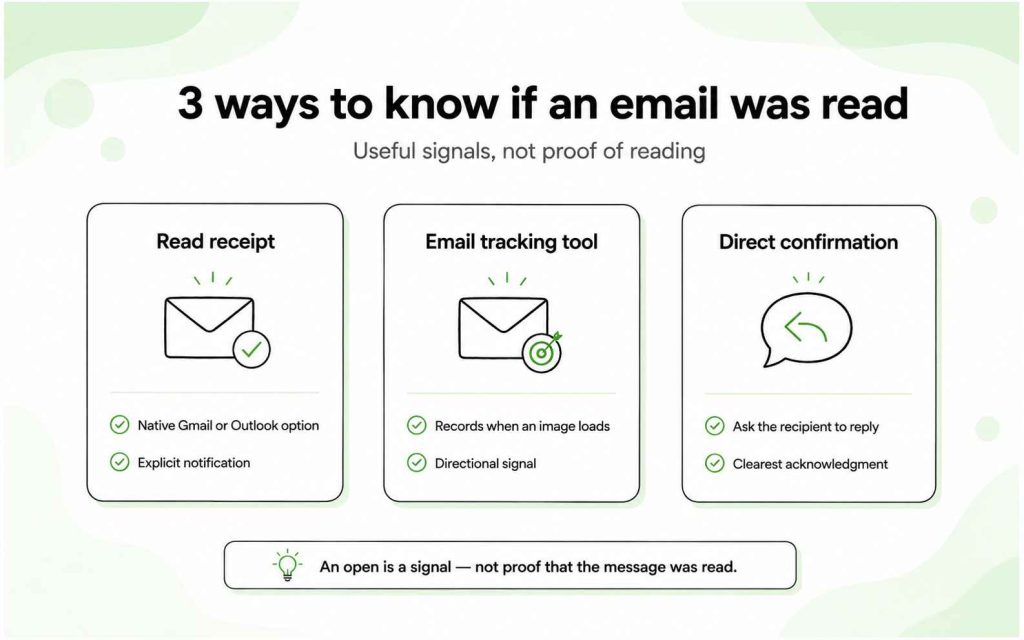 Three ways to know if an email was read: read receipts, email tracking tools, and direct confirmation.
