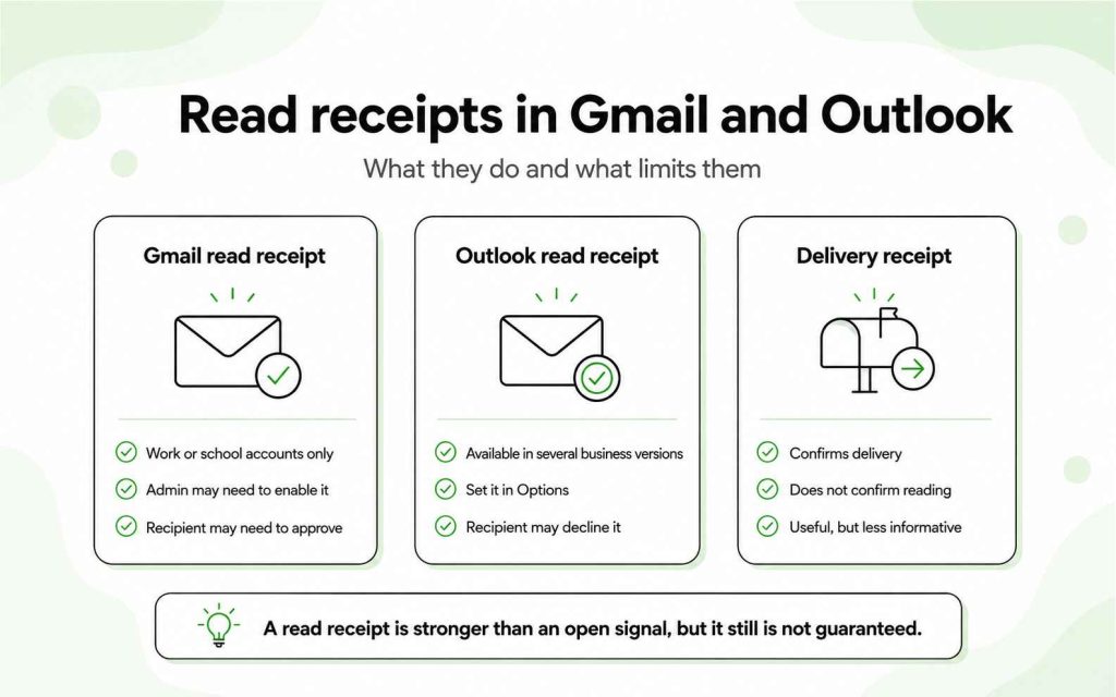 Comparison of Gmail read receipts, Outlook read receipts, and delivery receipts, including their availability and limitations.