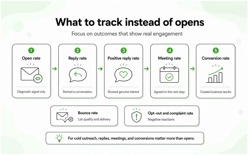 Email performance metrics progressing from open rate to stronger outcomes such as replies, meetings, and conversions.