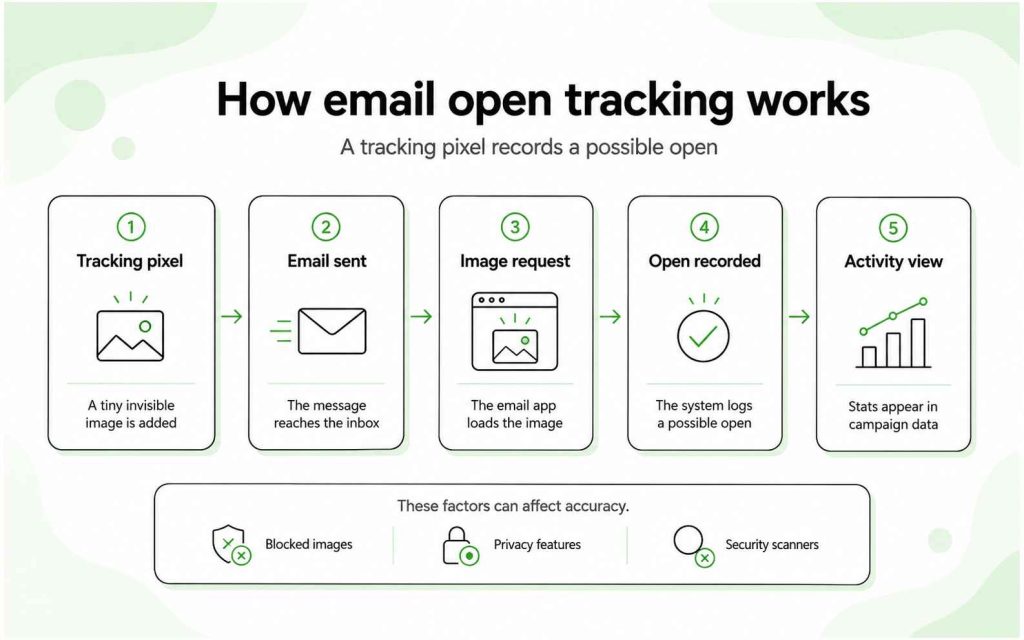 Five-step email open tracking process from adding a tracking pixel to recording activity in campaign data.