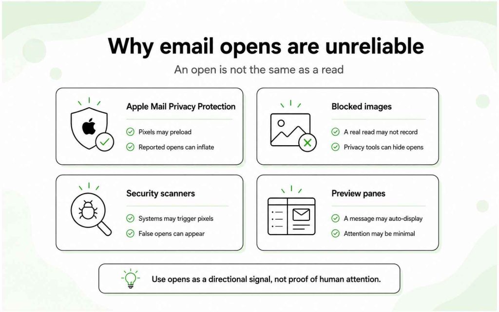 Four reasons email open data can be unreliable: Apple Mail Privacy Protection, blocked images, security scanners, and preview panes.