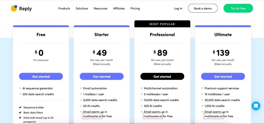 Reply.io pricing - business plans
