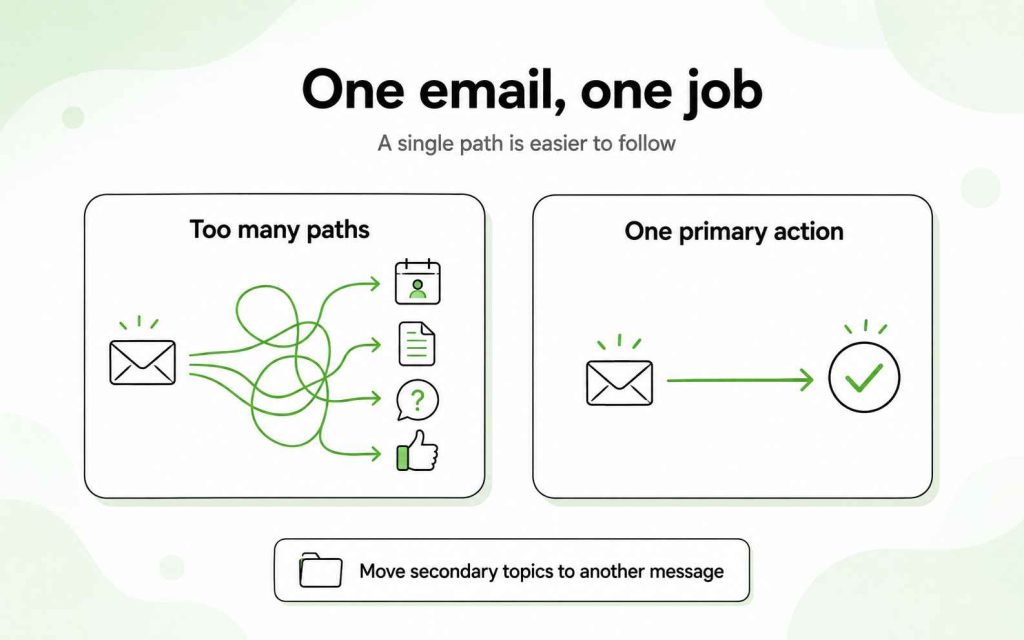 Comparison between an email with several competing paths and one focused on a single primary action.