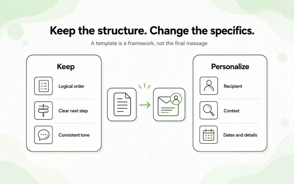 Business email template framework retaining its structure while personalizing the recipient, context, dates, and details.