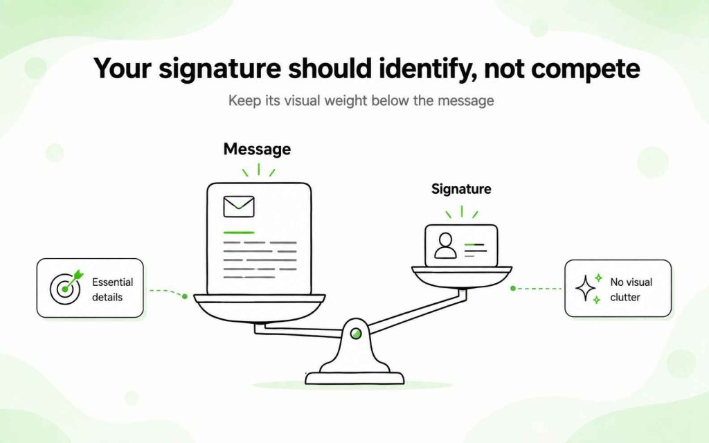 Balance between a prominent email message and a compact signature containing only essential details.