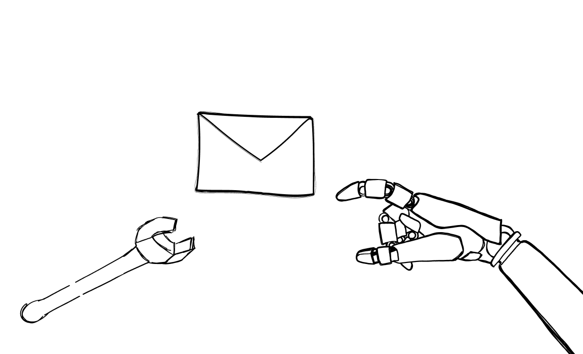 Illustration showing a wrench, an envelope, and a robotic hand reaching towards the envelope, symbolizing the integration of AI tools in automating and managing email processes