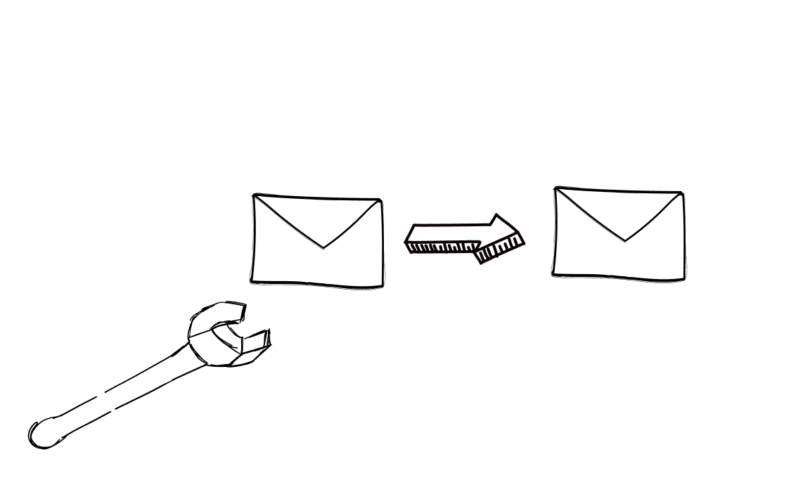 Illustration showing a wrench and two email envelopes connected by an arrow, symbolizing the tool's functionality for processing or automating email sequences