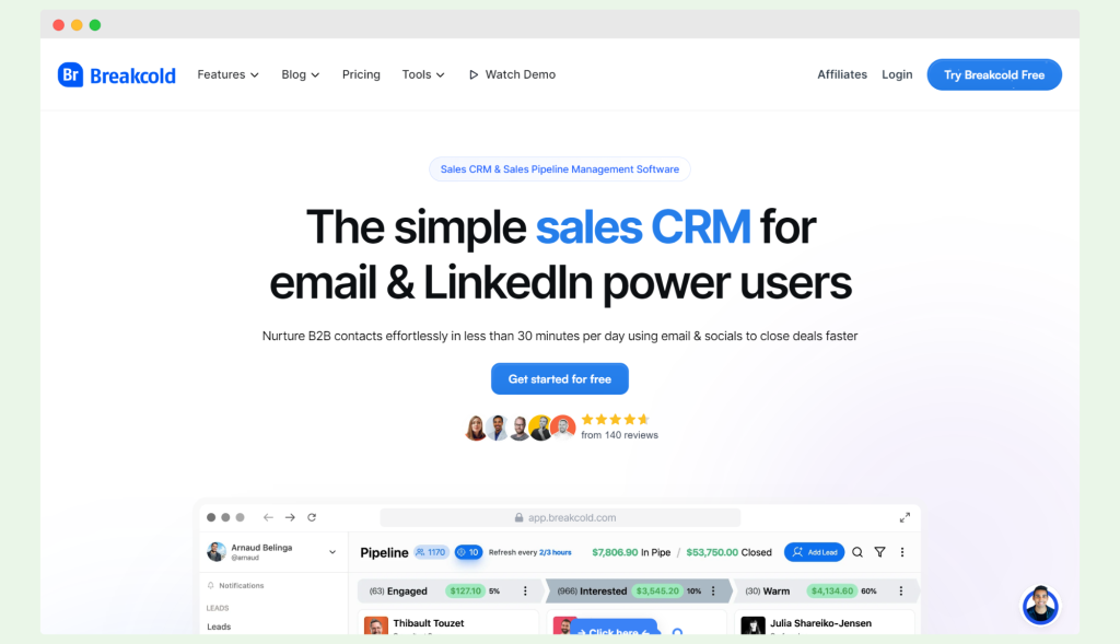 Breakcold CRM homepage highlighting its sales CRM features for email and LinkedIn power users, designed to help nurture B2B contacts efficiently.