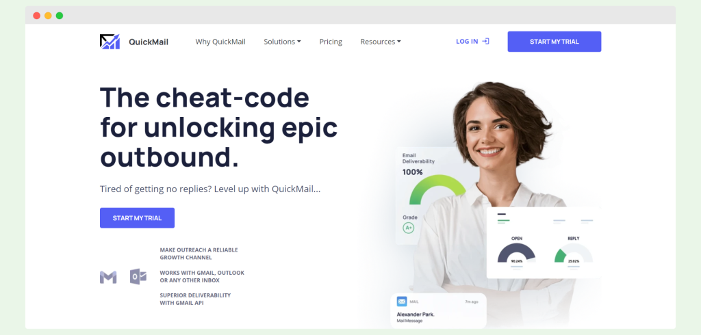 QuickMail homepage featuring the tagline 'The cheat-code for unlocking epic outbound,' promoting tools to enhance email deliverability and outbound sales success.