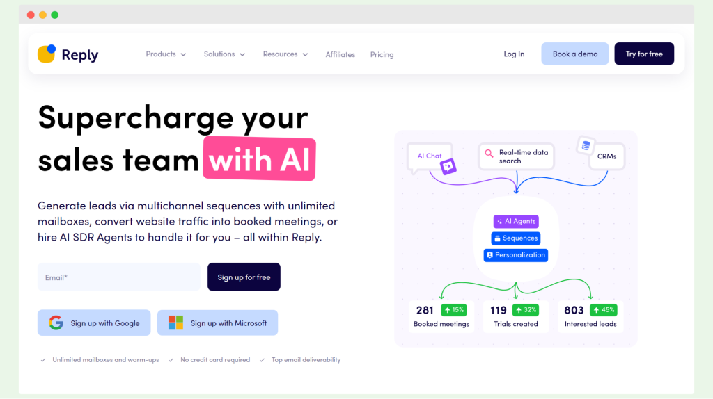 Reply homepage promoting its AI-powered tool for sales teams, highlighting features like multichannel sequences, unlimited mailboxes, and AI agents to supercharge lead generation and bookings