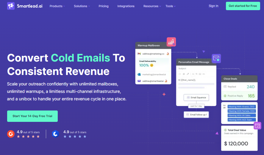 Smartlead homepage highlighting unlimited mailboxes, warmups, multichannel outreach, and revenue tracking in the Smartlead vs Instantly comparison.