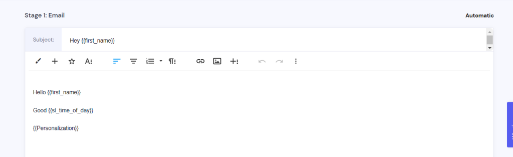 Smartlead email editor showing dynamic personalization fields such as first name, time of day, and custom variables.