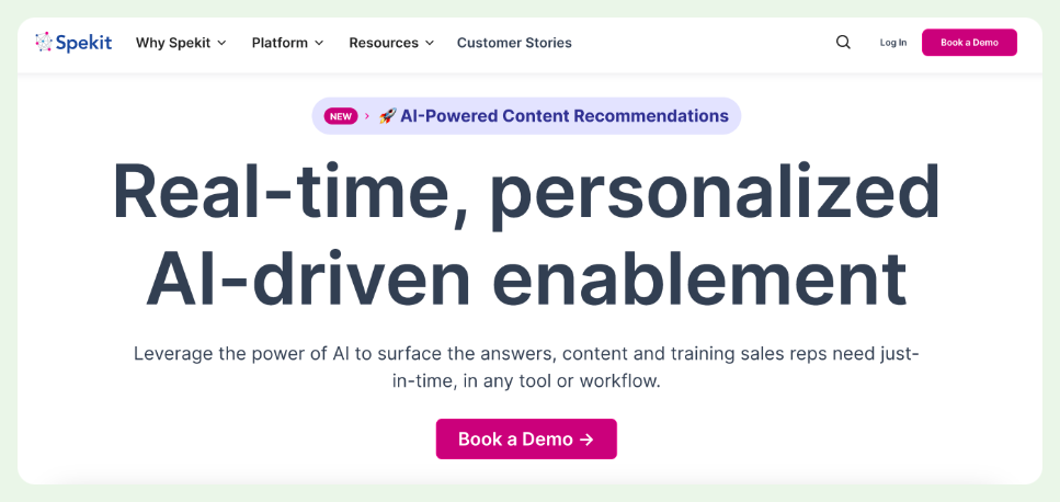 screenshot showing spekit sales enablement strategy homepage