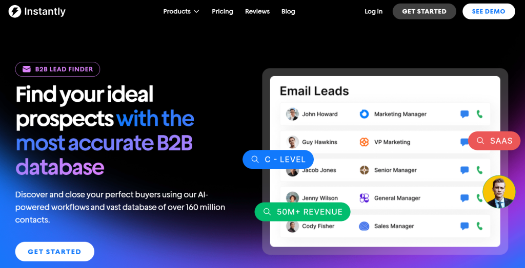 Instantly lead finder page showing B2B prospect search with filters and a large contact database.
