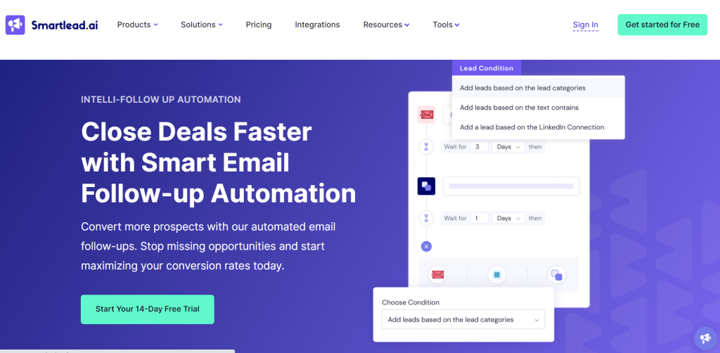 Smartlead follow-up automation page showing trigger-based email sequences and lead condition setup.