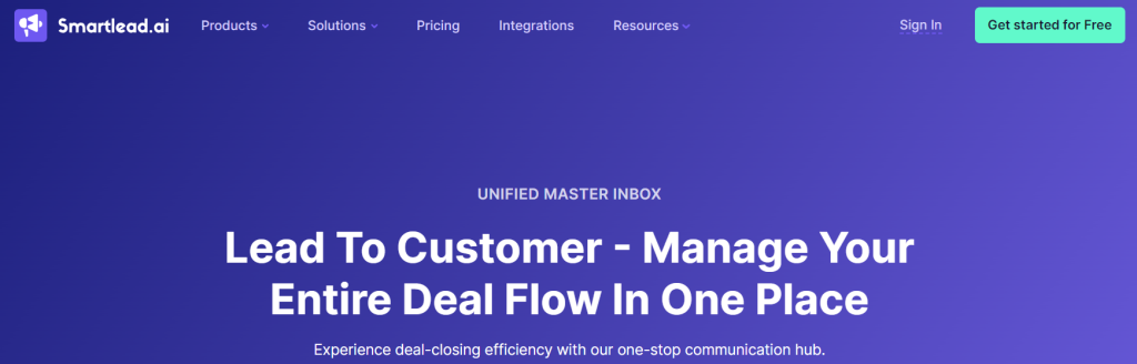 Smartlead unified master inbox page promoting one-place deal flow and communication management.