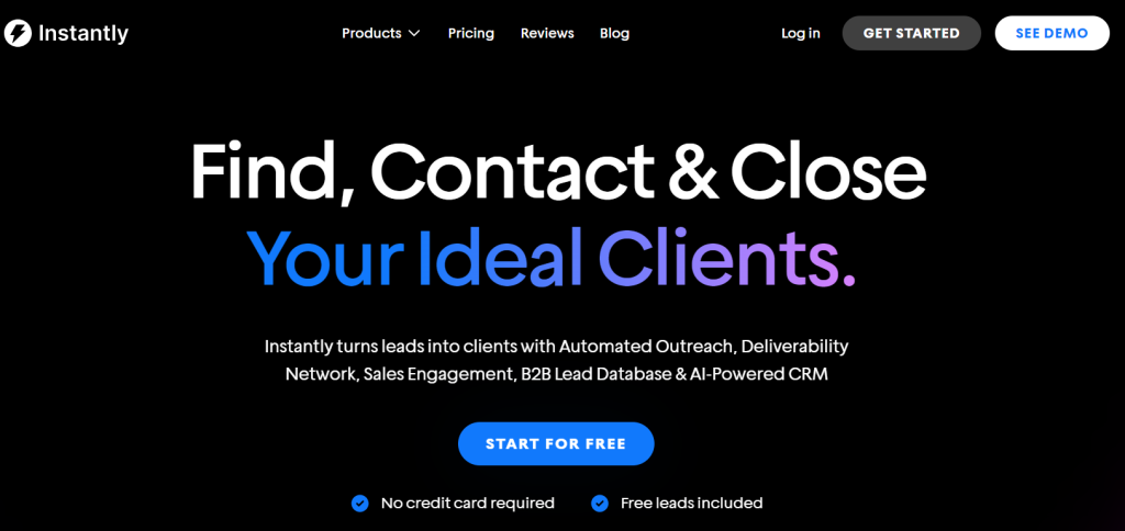 Instantly homepage showing automated outreach, lead database access, and AI-powered CRM features for cold email campaigns.