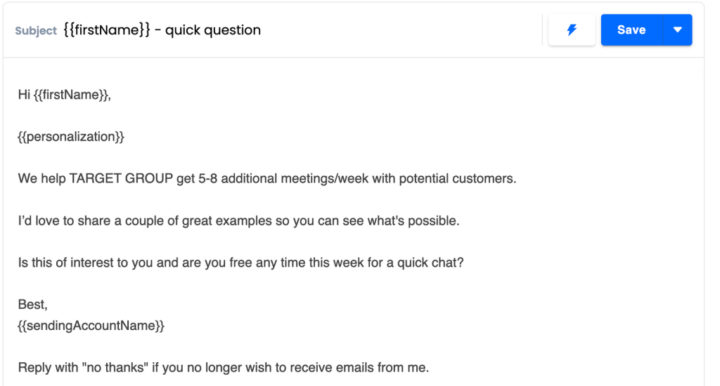 Instantly email template editor showing personalized subject lines, custom variables, and account-based message fields.