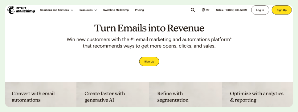 screenshot showing Mailchimp homepage