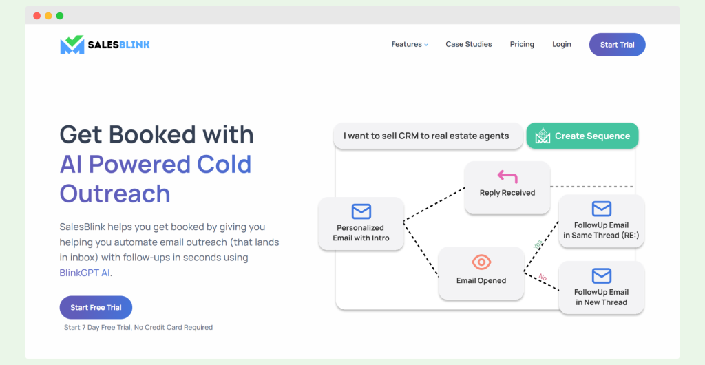 SalesBlink homepage showcasing AI-powered cold outreach tools, with a focus on automating email sequences to help users get booked for sales meetings.