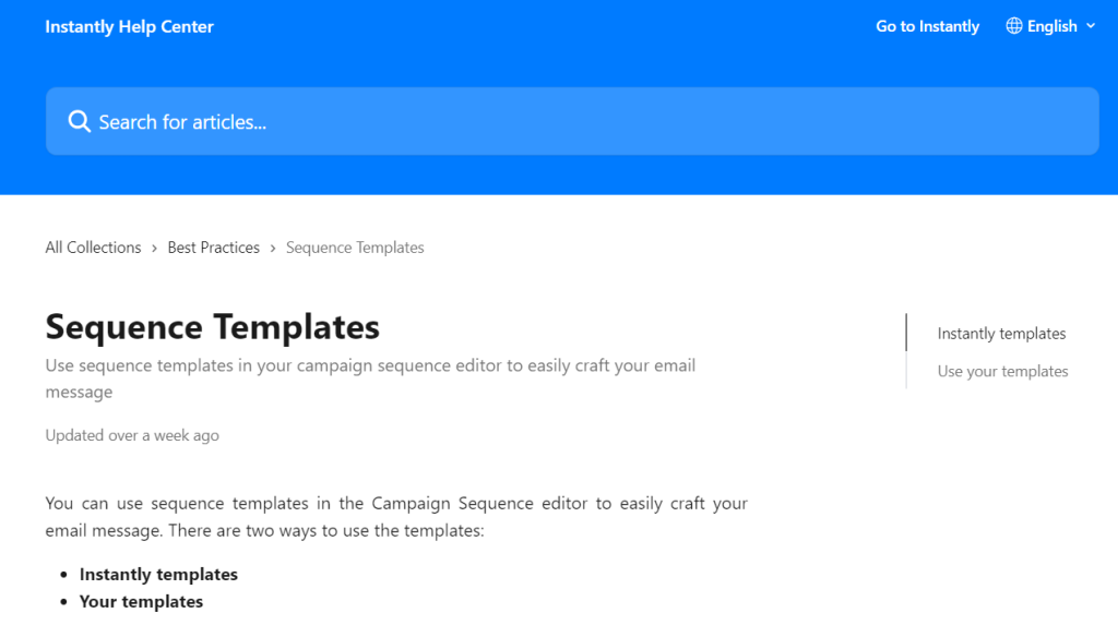 Instantly Help Center page explaining sequence templates for campaign email setup.