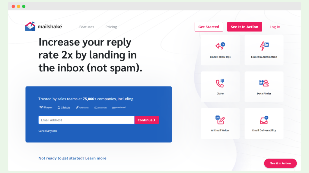 Mailshake homepage promoting its tool to increase email reply rates by landing messages directly in the inbox, with features like email follow-ups and LinkedIn automation.